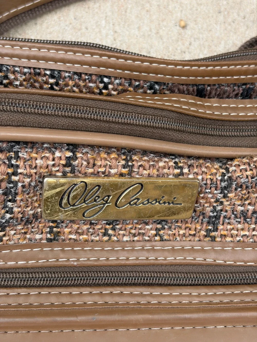 Vintage Oleg Cassini Tweed Travel Bag Suitcase Brown Weekender Shoulder Strap